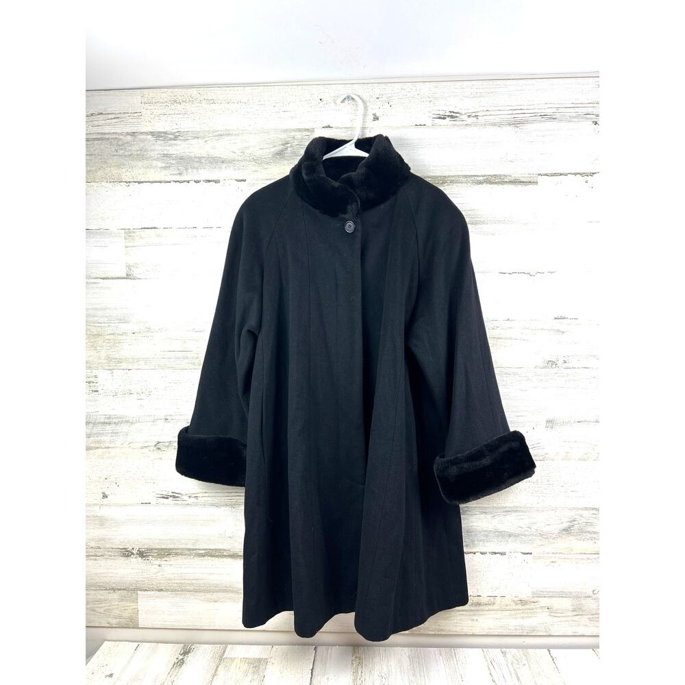 Steve By Searle Womens 10 Black Wool Coat Faux Mink Fur Trim Vintage Luxe